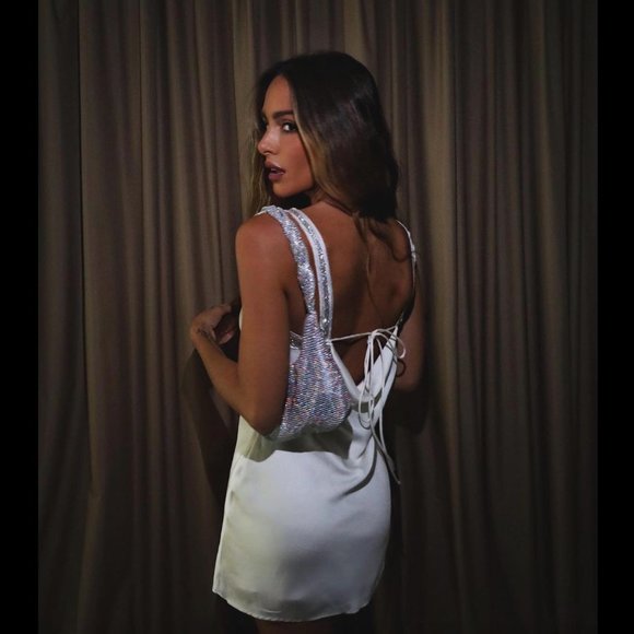 Zara Oyster White Strappy Rhinestone Satin Mini Dress - Picture 4 of 17